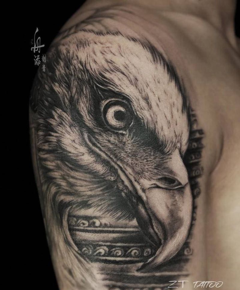 未来——坚毅纹身图片_肩部手臂欧美写实鹰纹身图案