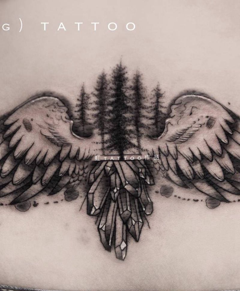 •   翅膀纹身图片_腰部腹部欧美写实点刺翅膀树水晶石纹身图案