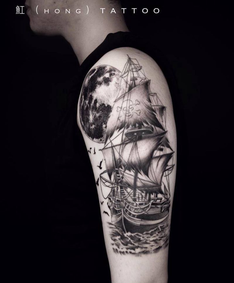 帆船⛵️纹身图片_手臂腿部欧美写实点刺帆船海盗船航海纹身图案