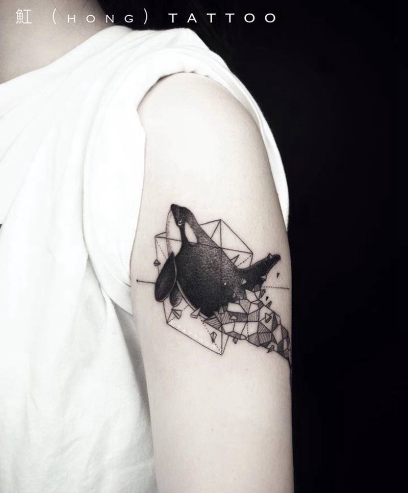 几何鲸鱼纹身图片_手臂腿部点刺几何鲸鱼虎鲸几何动物点刺几何纹身图案