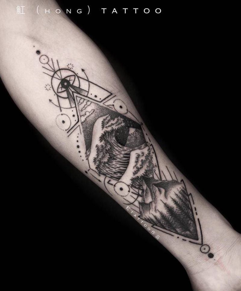 海浪&山石 几何纹身图片_手臂腿部点刺几何海浪山石几何纹身图案