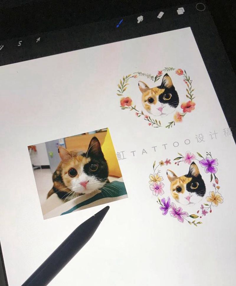 花环猫咪纹身图片_手臂腿部New School水彩小猫头猫咪花环小清新水彩猫咪纹身图案
