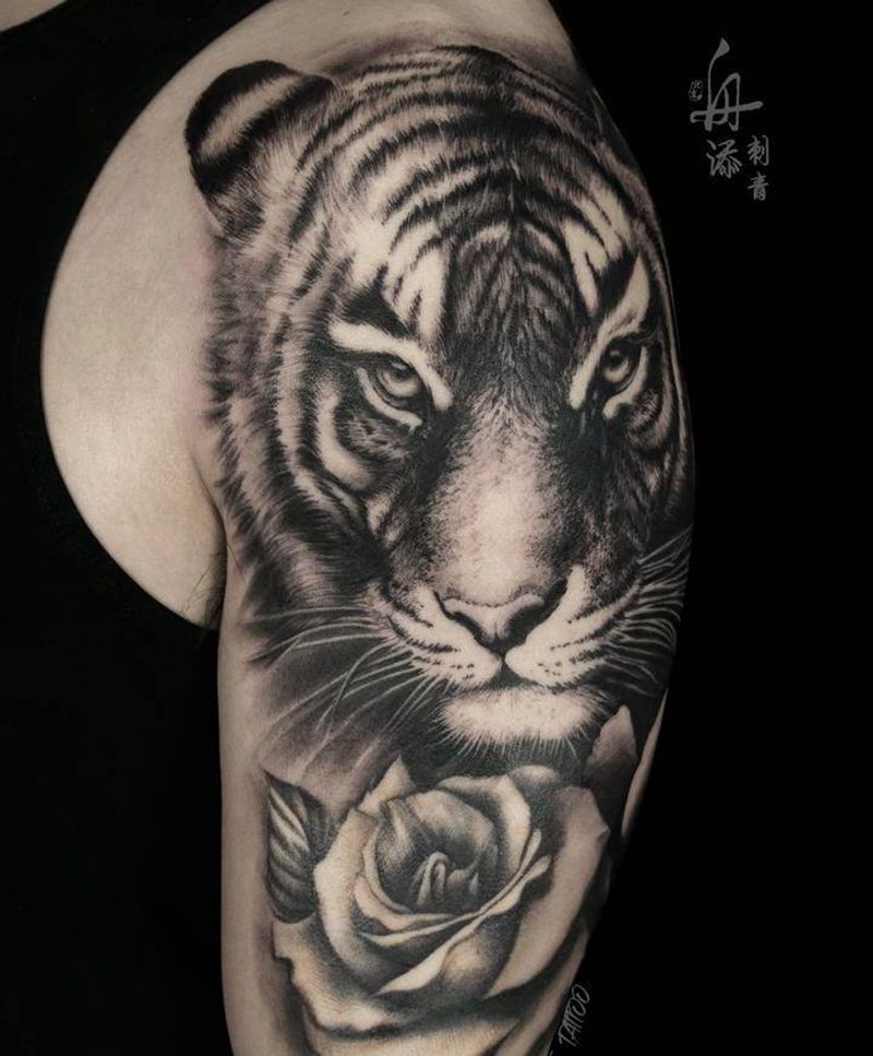 虎纹身图片_手臂肩部新传统欧美写实纹身图案