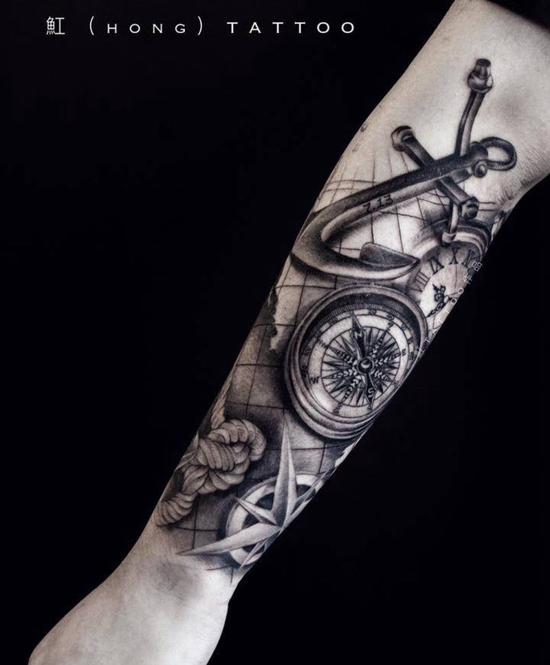 写实花臂-怀表指南针纹身图片_手臂腿部欧美写实指南针船锚怀表舵盘写实花臂纹身图案