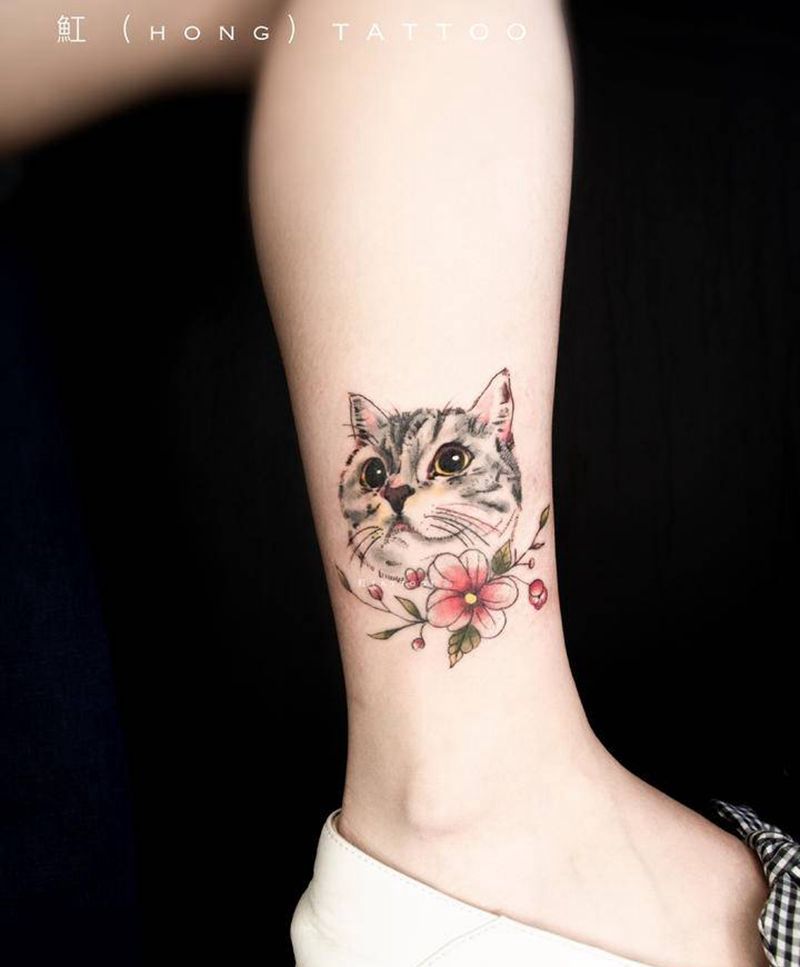 猫咪&植物纹身图片_腿部手臂水彩欧美写实猫咪小清新动物植物纹身图案