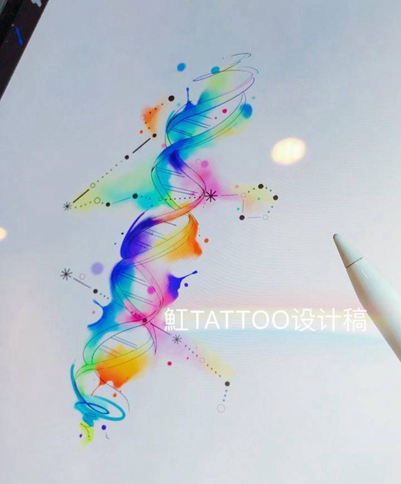 水彩dna链条设计稿纹身图片_手臂背部水彩水墨dna链条水彩水墨几何纹身图案