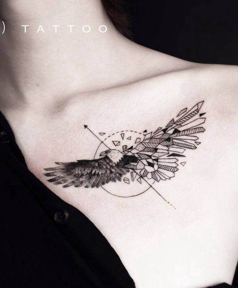 几何鹰纹身图片_肩部胸部欧美写实几何纹身图案