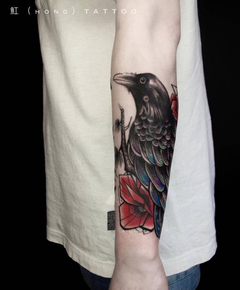 渡鸦/乌鸦纹身图片_手臂腿部水彩欧美写实渡鸦乌鸦罂粟花水彩植物纹身图案