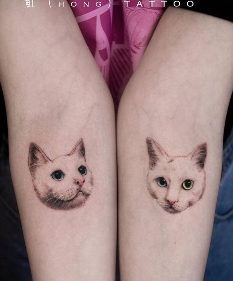 猫纹身图片_手臂腿部欧美写实点刺猫动物纹身mini猫狗纹身图案