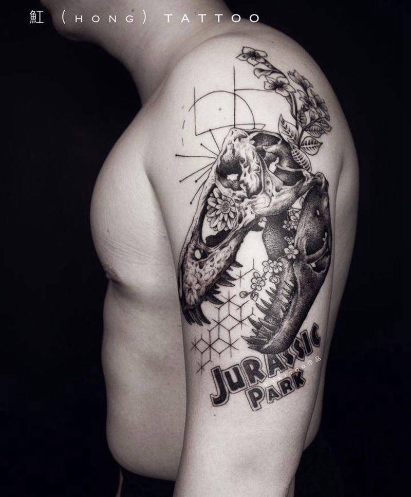 恐龙-侏罗纪纹身图片_手臂腿部点刺欧美写实恐龙霸王龙侏罗纪世界纹身图案