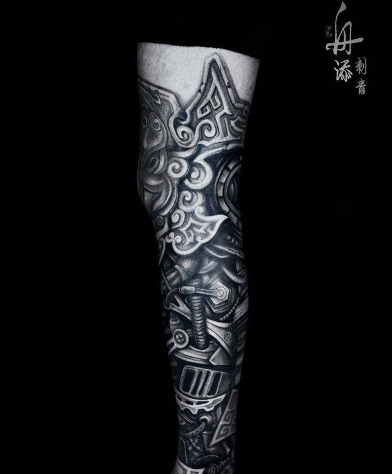 机械甲胄纹身图片_腿部欧美写实机械,盔甲纹身图案