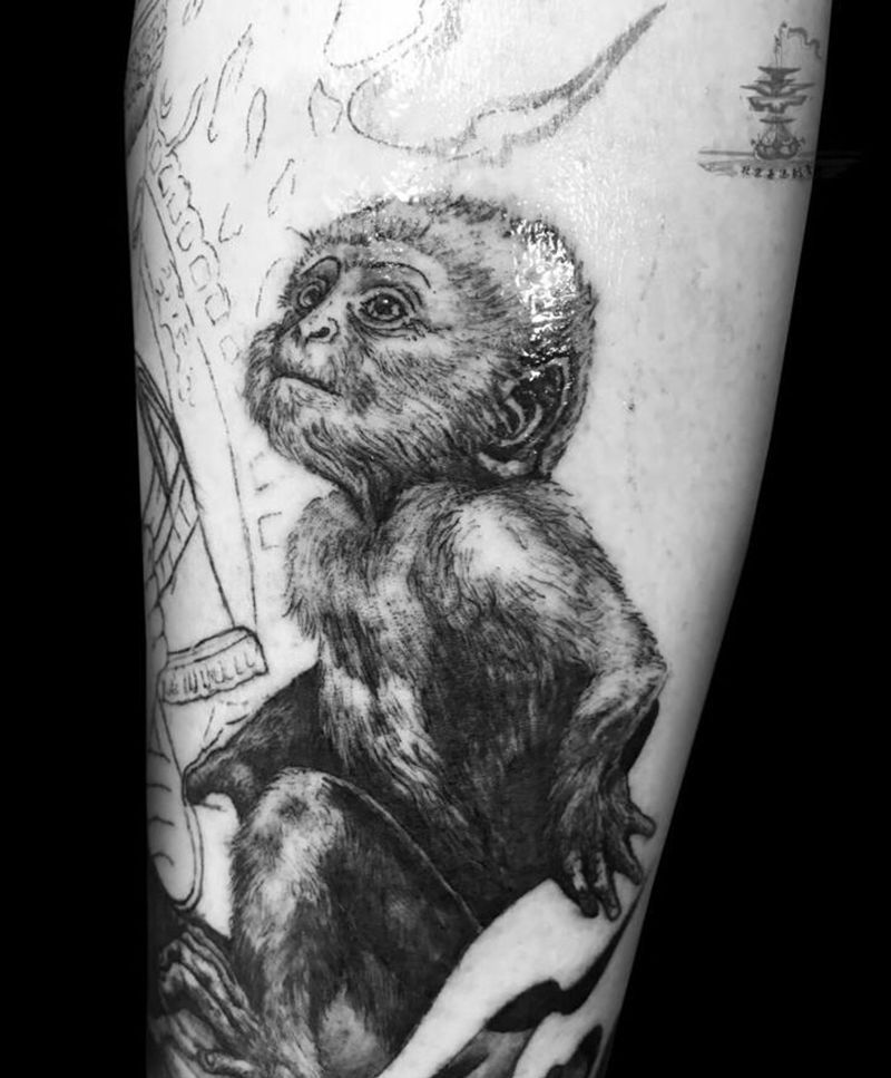 小猴子纹身图片_腿部欧美写实猴子纹身图案