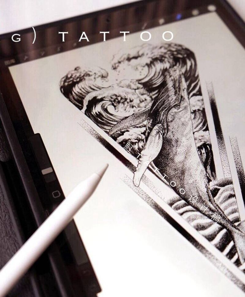 原创设计鲸鱼•海浪纹身图片_手臂腿部欧美写实点刺鲸鱼纹身几何海浪点刺纹身纹身图案