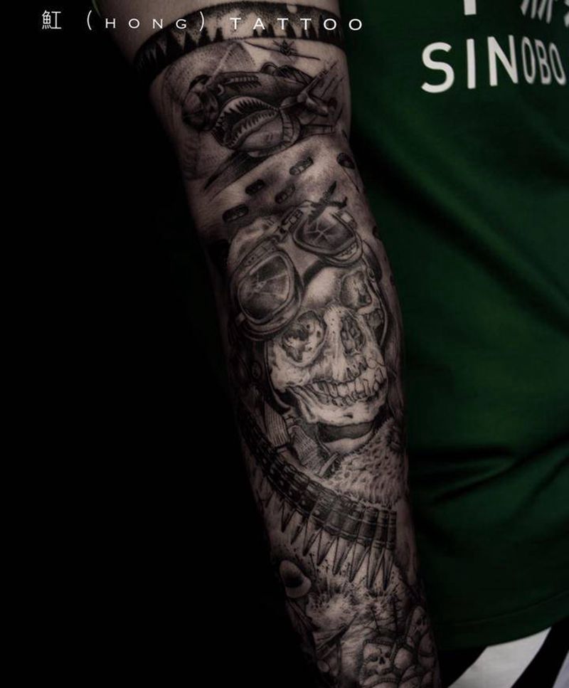 战争主题花臂纹身图片_手臂腿部欧美写实士兵战争骷髅纹身图案