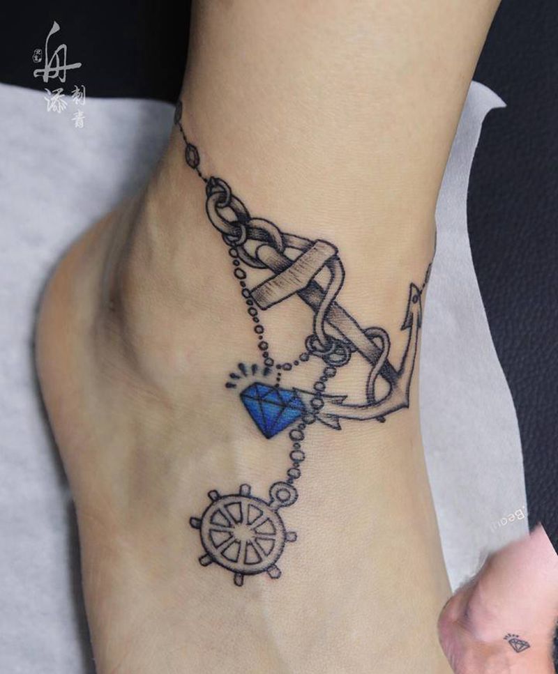 脚链纹身图片_脚部脚链纹身图案