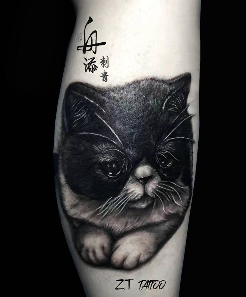 加菲猫纹身图片_腿部欧美写实猫加菲猫动物纹身图案