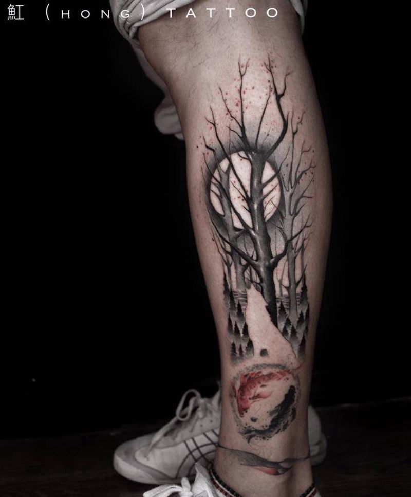 月下狼影纹身图片_手臂腿部水彩水墨水墨狼/剪影纹身图案