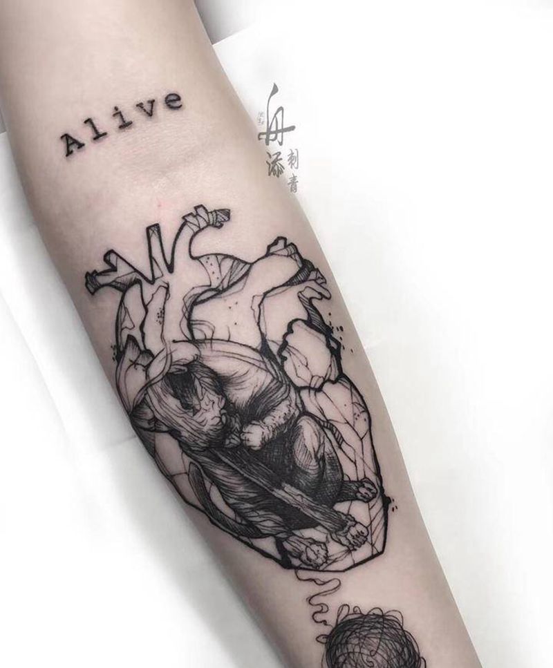 抑郁猫+抑郁女孩纹身图片_手臂几何欧美写实猫线团抑郁女孩纹身图案