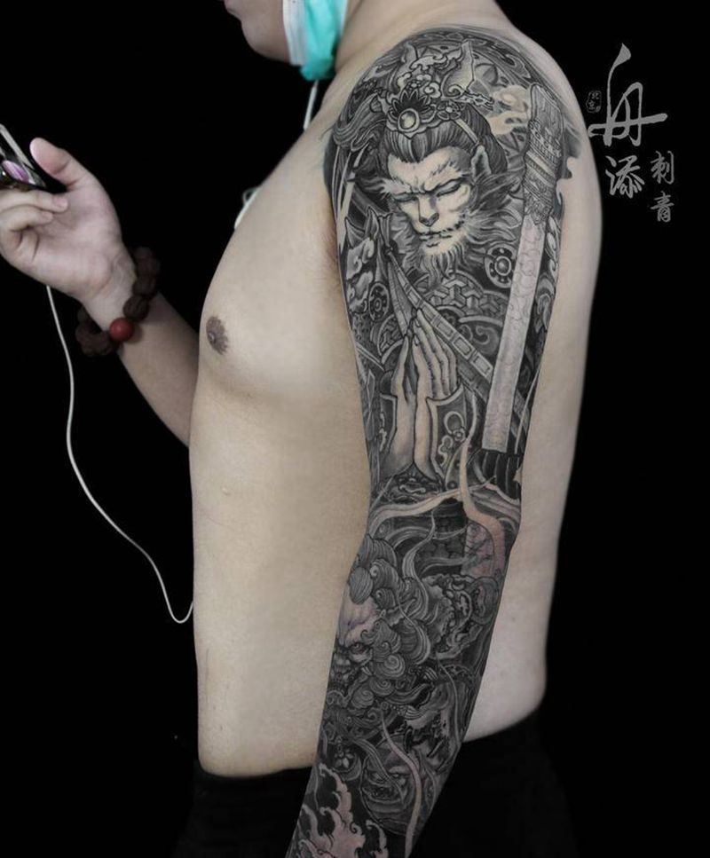 斗战胜佛纹身图片_手臂新传统猴子斗战胜佛花臂纹身图案