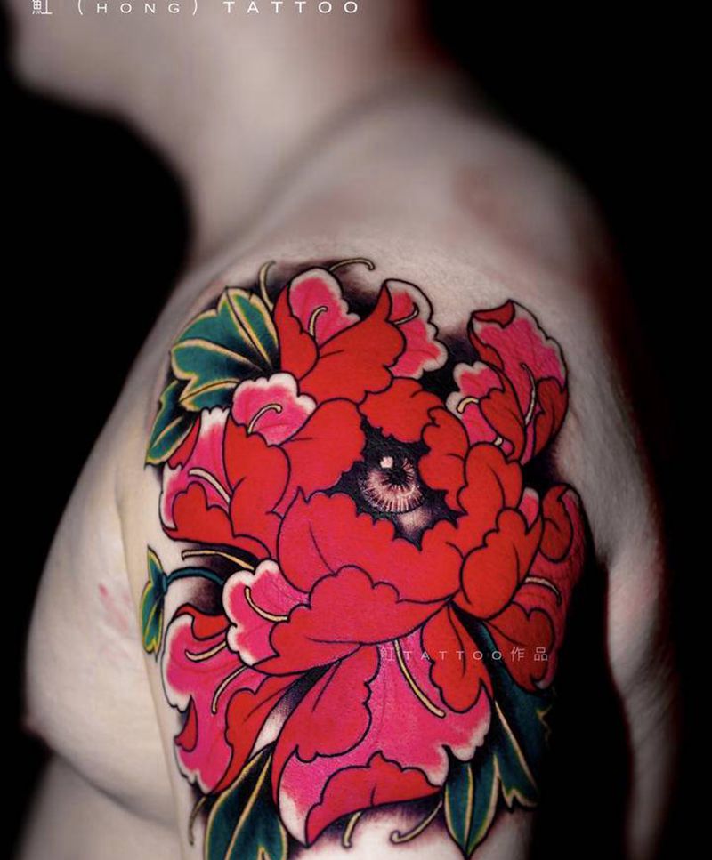 牡丹花纹身图片_手臂腿部新传统老传统牡丹花传统牡丹植物纹身纹身图案