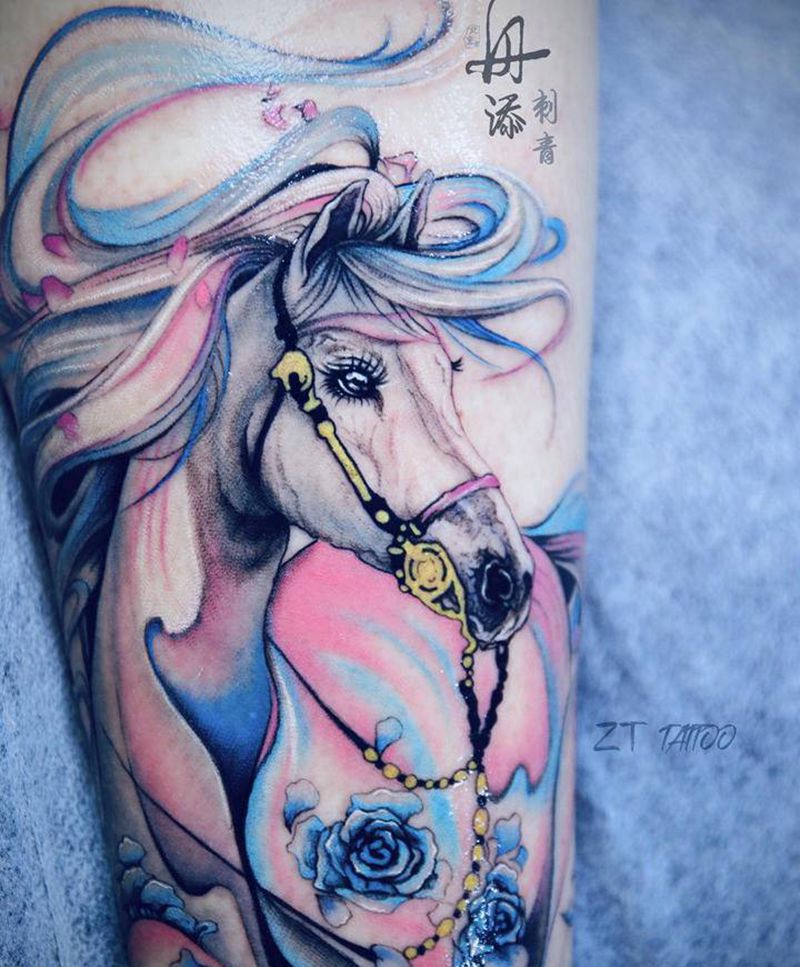 粉嫩系马纹身图片_腿部欧美写实水彩马独角兽仙女纹身图案