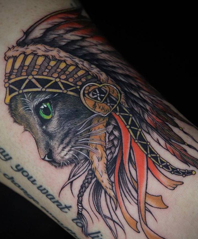 印第安猫纹身图片_手臂欧美写实猫印第安彩色纹身纹身图案