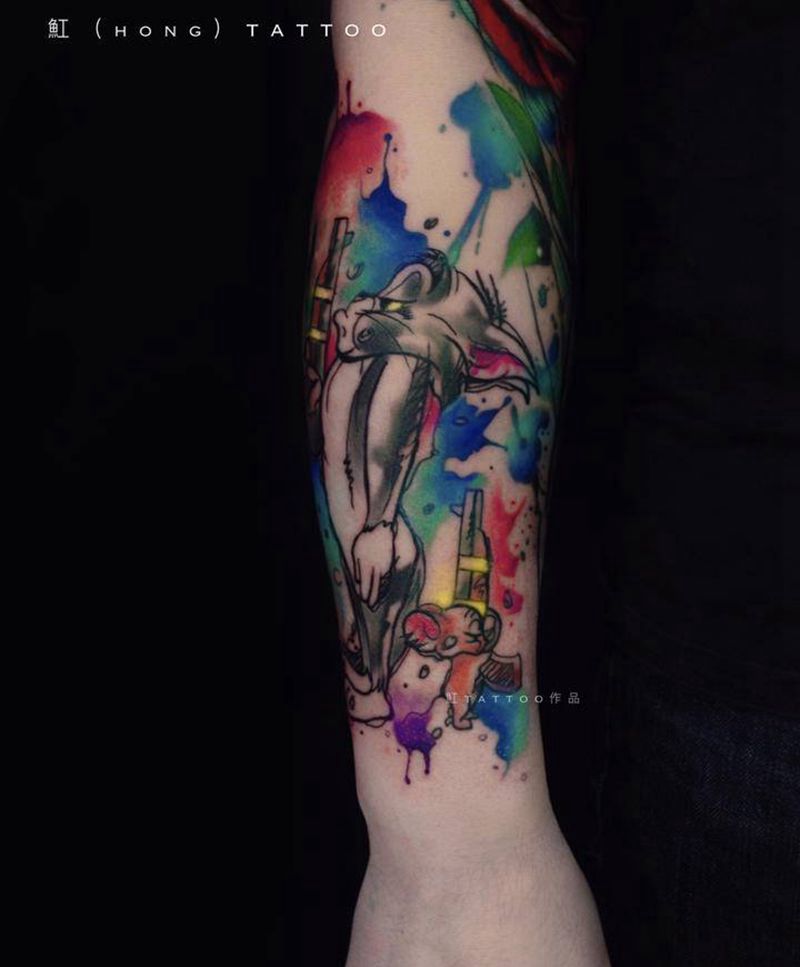 TOM&JERRY/猫和老鼠纹身图片_手臂腿部水彩水墨水彩tom&jerry猫/老鼠纹身图案