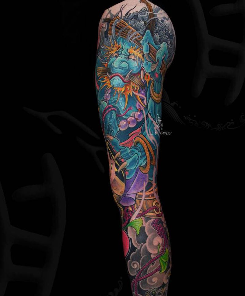 雷神纹身图片_腿部新传统雷神彩色纹身神话人物纹身图案