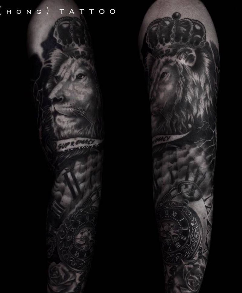 花臂纹身图片_手臂欧美写实狮子花臂写实纹身图案