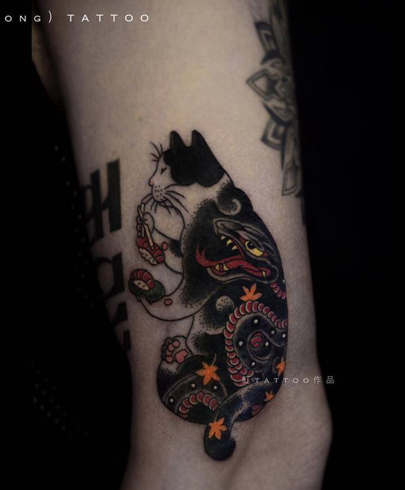 日式纹身猫纹身图片_手臂腿部老传统Old School纹身猫日式猫寿司猫纹身图案
