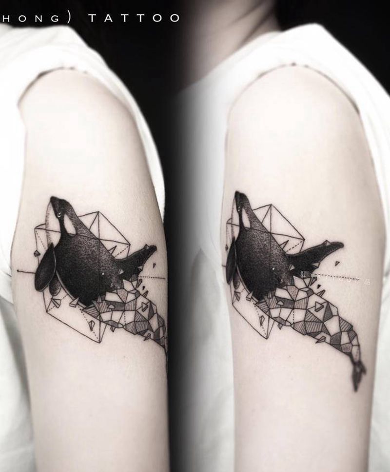 几何虎鲸纹身图片_手臂腿部几何点刺鲸鱼几何纹身几何虎鲸纹身图案