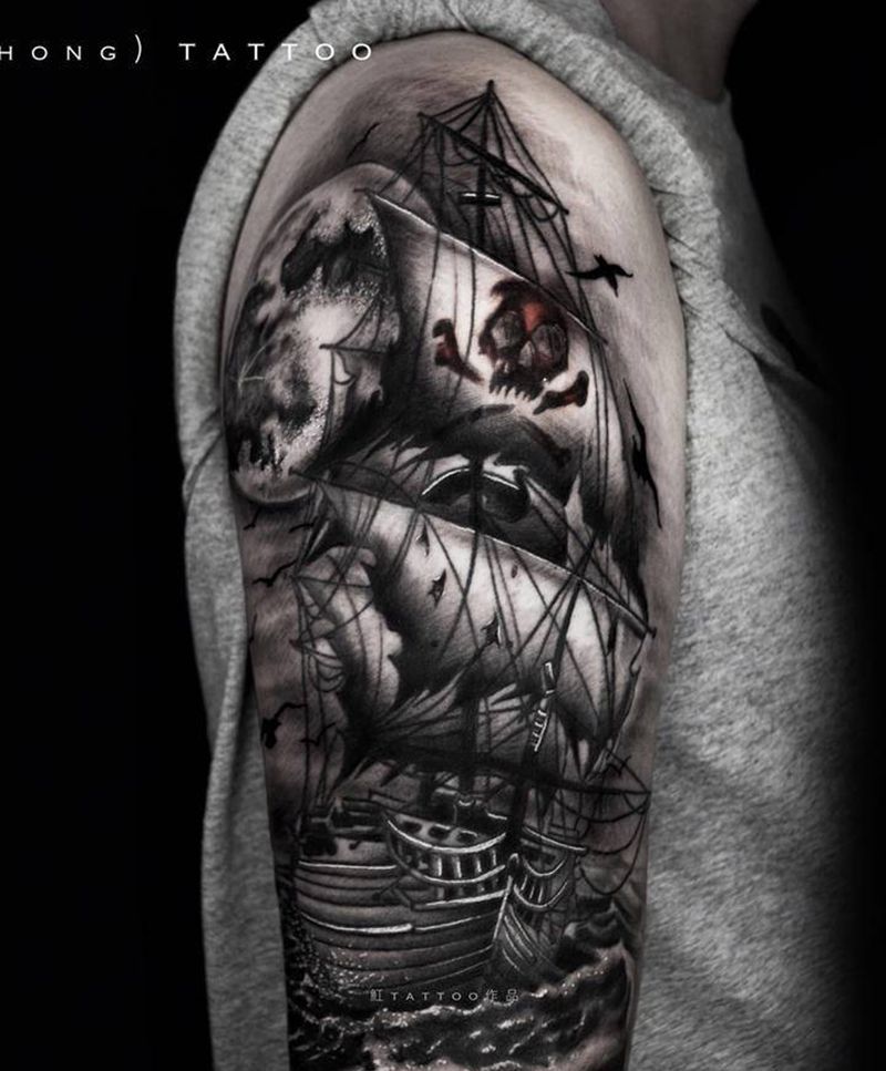 船/海盗船纹身图片_手臂腿部欧美写实船帆船海盗船纹身图案