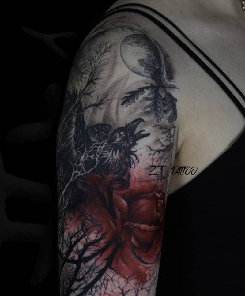 夜莺与玫瑰纹身图片_手臂欧美写实夜莺暗黑玫瑰纹身图案