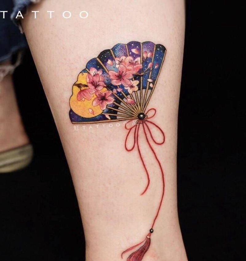 扇子纹身图片_腿部脚部新传统New School扇子星空日式扇子纹身图案