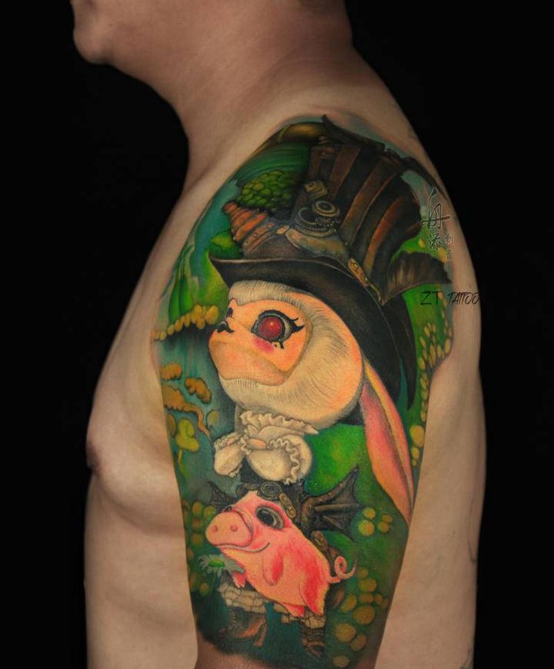 潮流玩具纹身图片_手臂New School欧美写实兔子猪卡通纹身图案