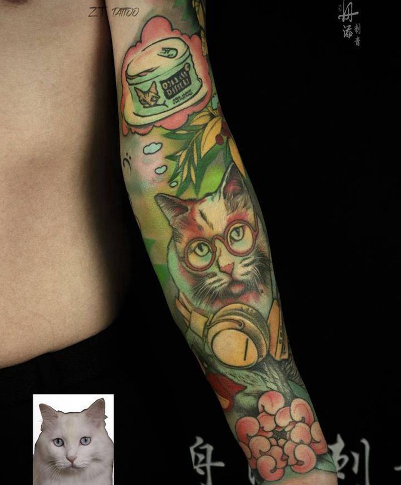 卡通猫纹身图片_手臂欧美写实New School猫纹身图案
