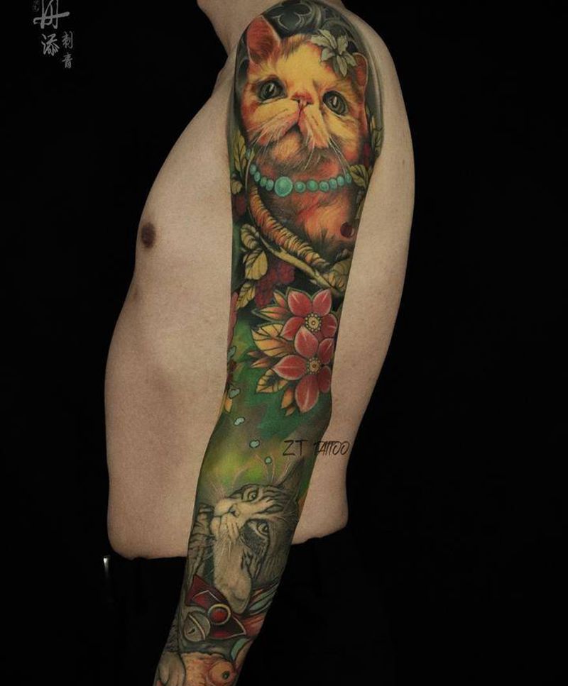 花臂猫纹身图片_手臂欧美写实New School猫纹身图案