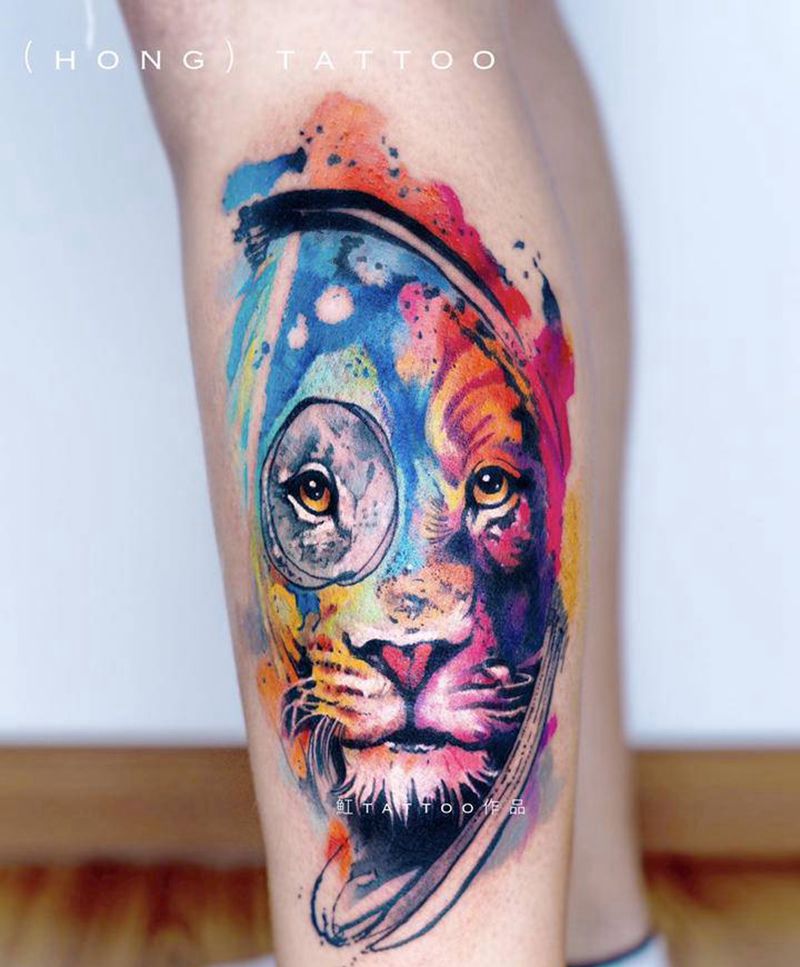 狮子纹身图片_腿部手臂水彩水墨狮子水彩水墨纹身图案