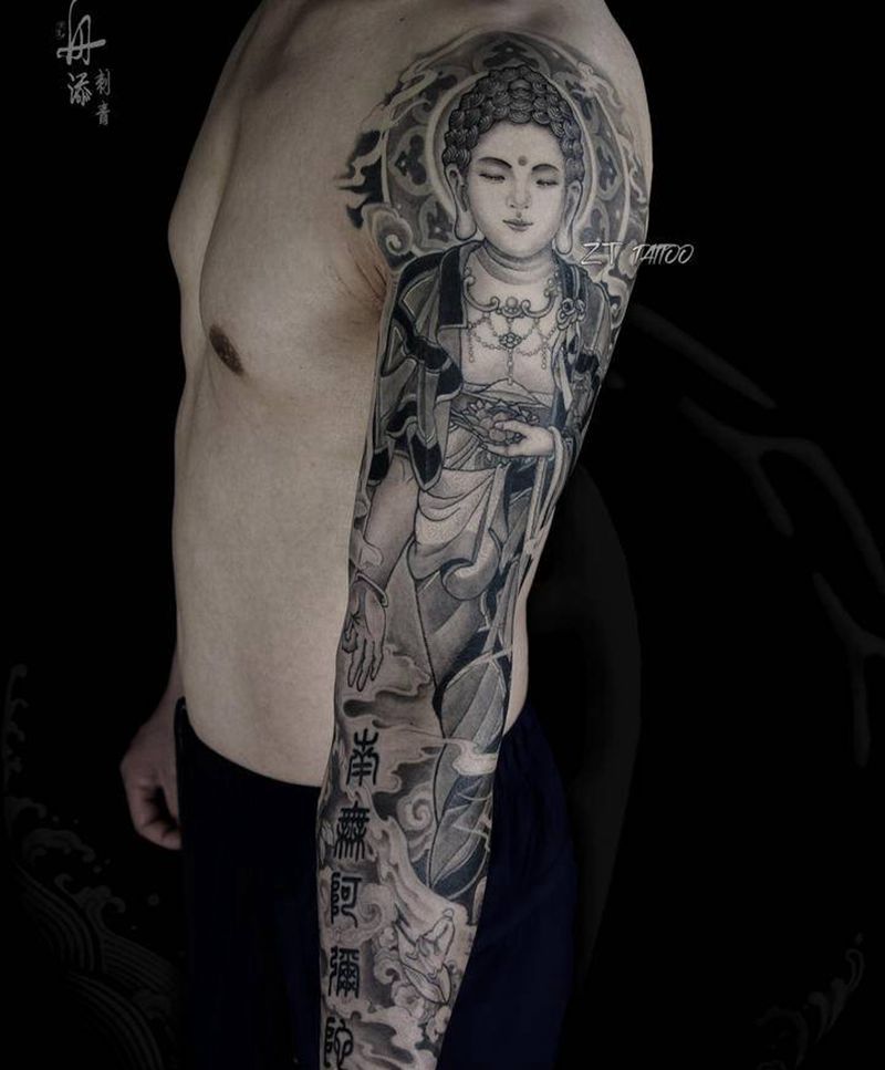 阿弥陀佛接引图纹身图片_手臂肩部新传统老传统佛人物阿弥陀佛纹身图案