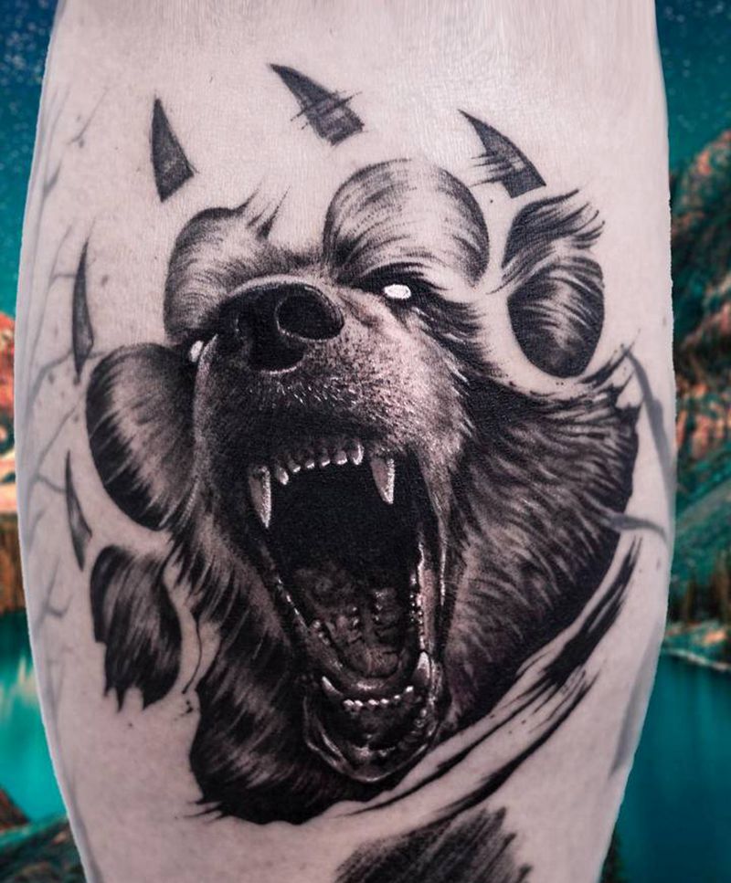 熊纹身图片_手臂腿部欧美写实点刺熊熊掌写实纹身图案
