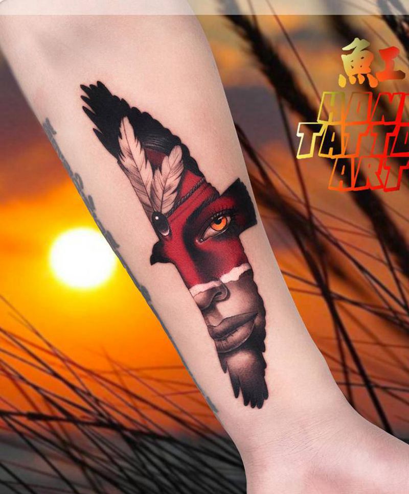 印第安·女郎纹身图片_手臂腿部欧美写实印第安肖像写实纹身图案