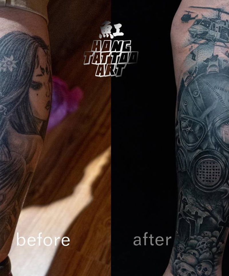 防毒面具&生化战士纹身图片_腿部手臂欧美写实士兵战士战争纹身图案