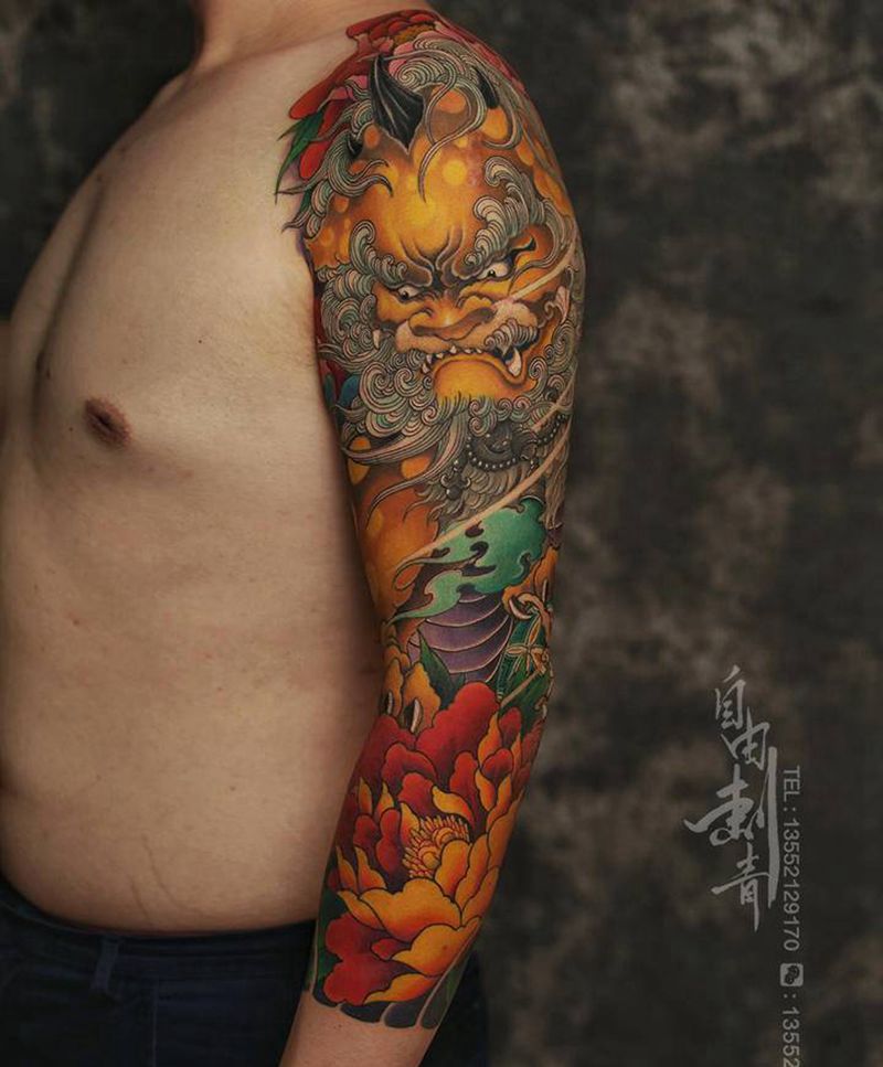 唐狮子七分、北京自由刺青纹身图片_手臂老传统新传统纹身图案