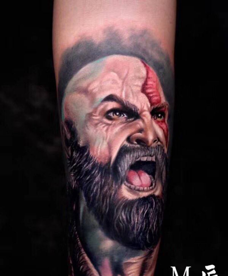 战神纹身图片_手臂欧美写实战神奎托斯纹身图案