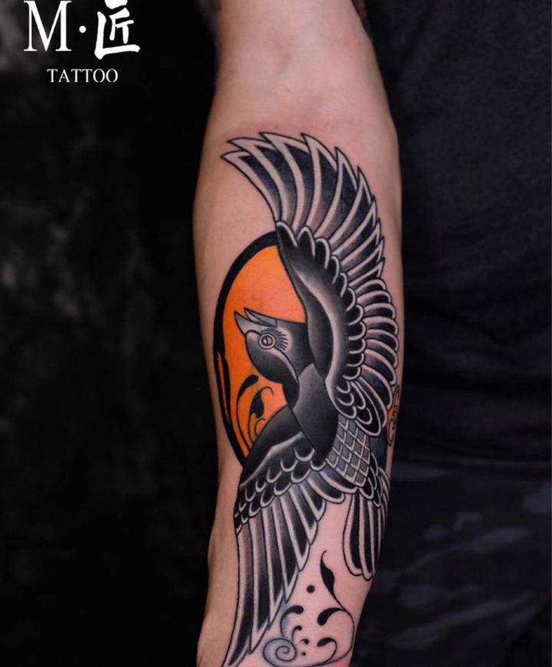 乌鸦纹身图片_手臂New School乌鸦纹身图案