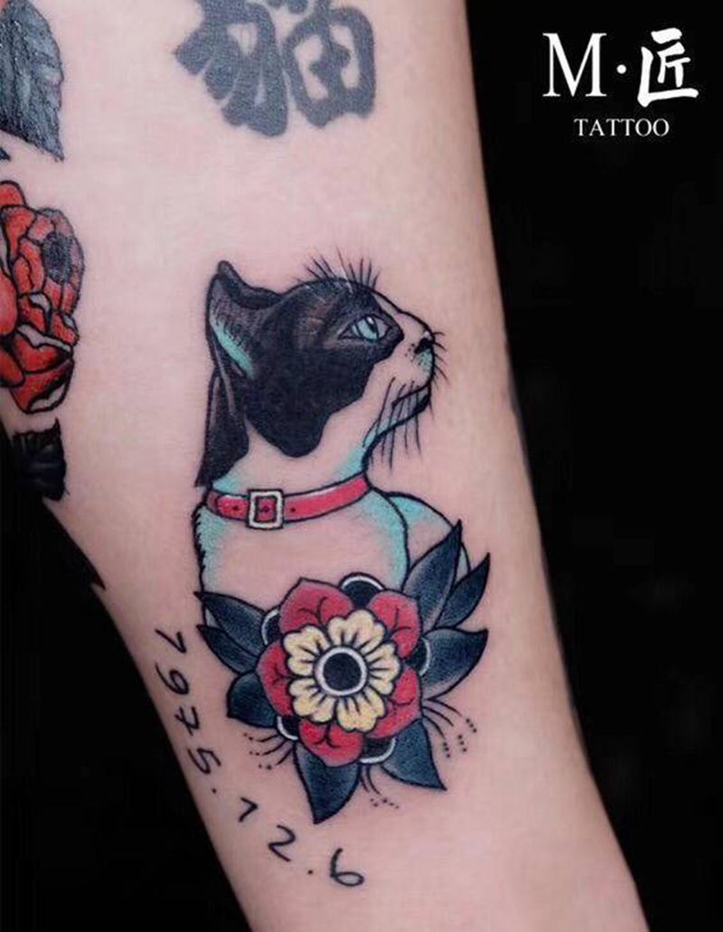 猫纹身图片_手臂Old School猫纹身图案