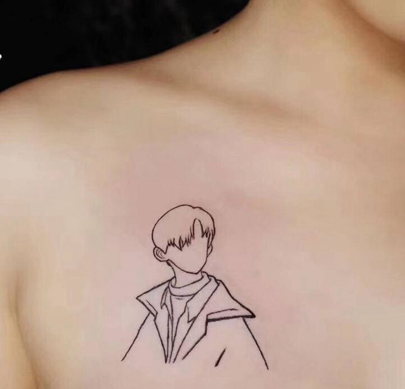 易烊千玺纹身图片_胸部New School新传统易烊千玺线条纹身纹身图案