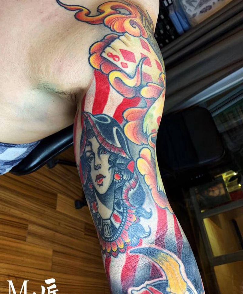 花臂填空纹身图片_肩部手臂欧美写实New School花臂填空纹身图案