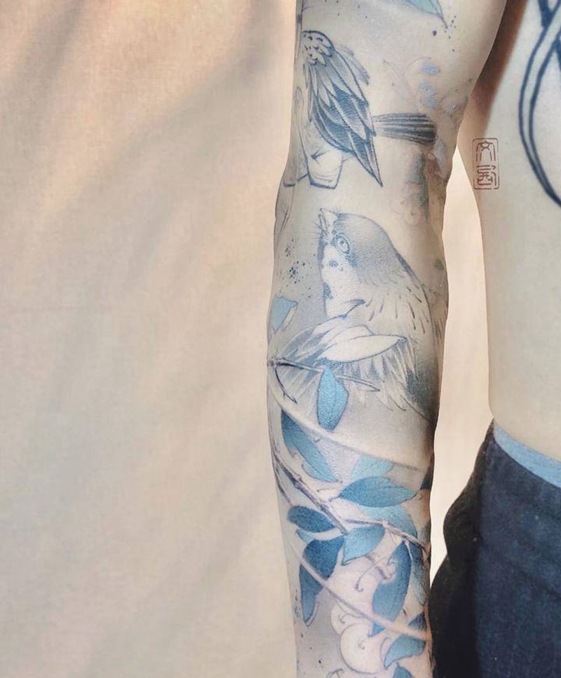 南山双栖图局部纹身图片_肩部手臂老传统新传统纹身图案