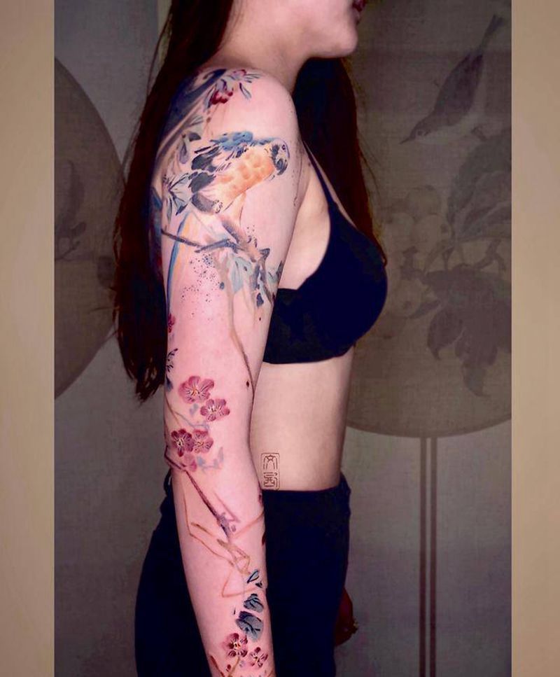 追忆雪涛纹身图片_肩部手臂新传统水墨花鸟画纹身图案